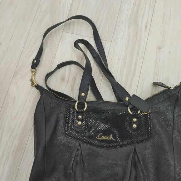 Coach Ashley 2 Way Tote Purse Shoulder Bag Black Python Leather F20104. 
L 16"
H - Picture 10 of 10